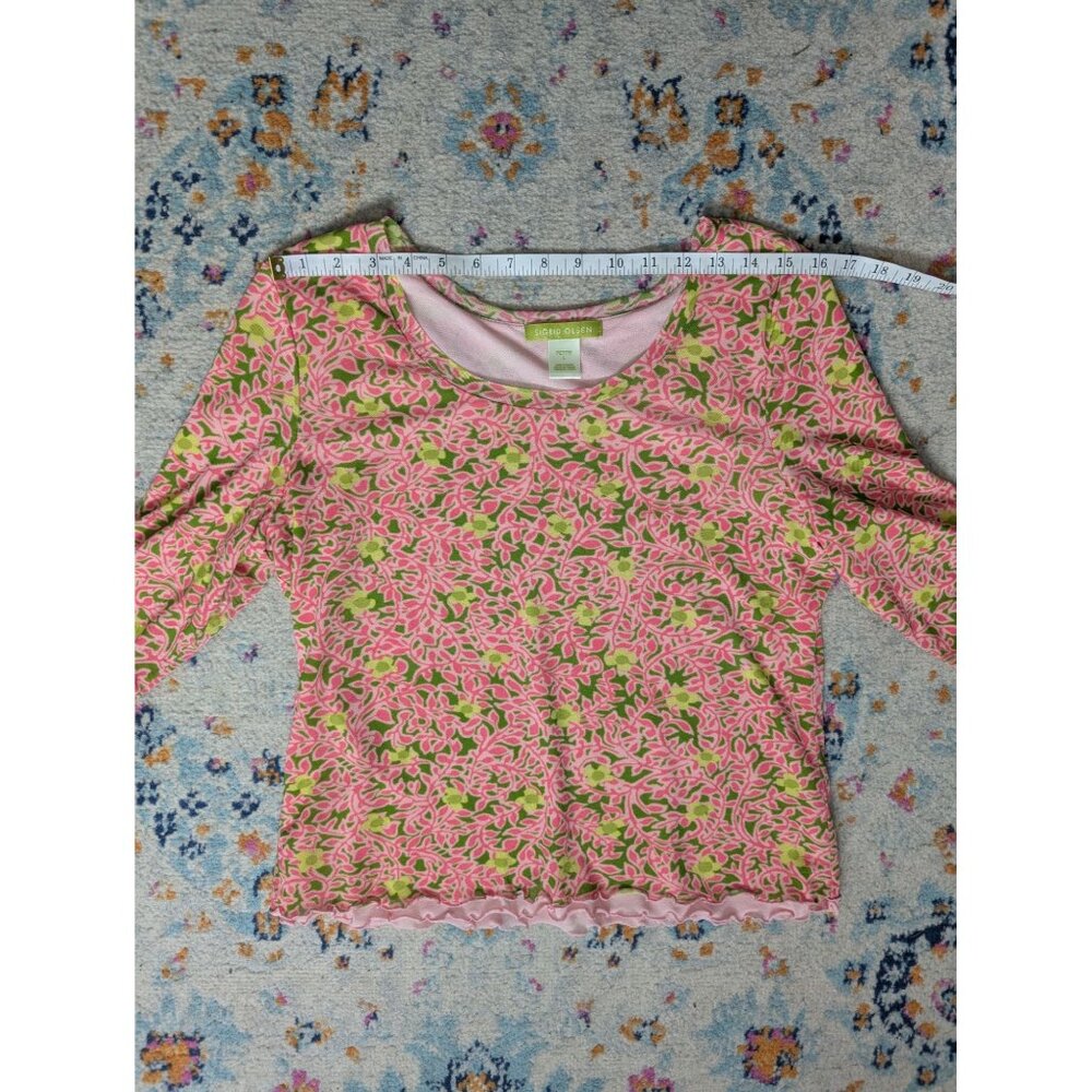 Sigrid Olsen Pink & Green Layered Mesh Lettuce Hem Floral Top - Petite L - Picture 5 of 10